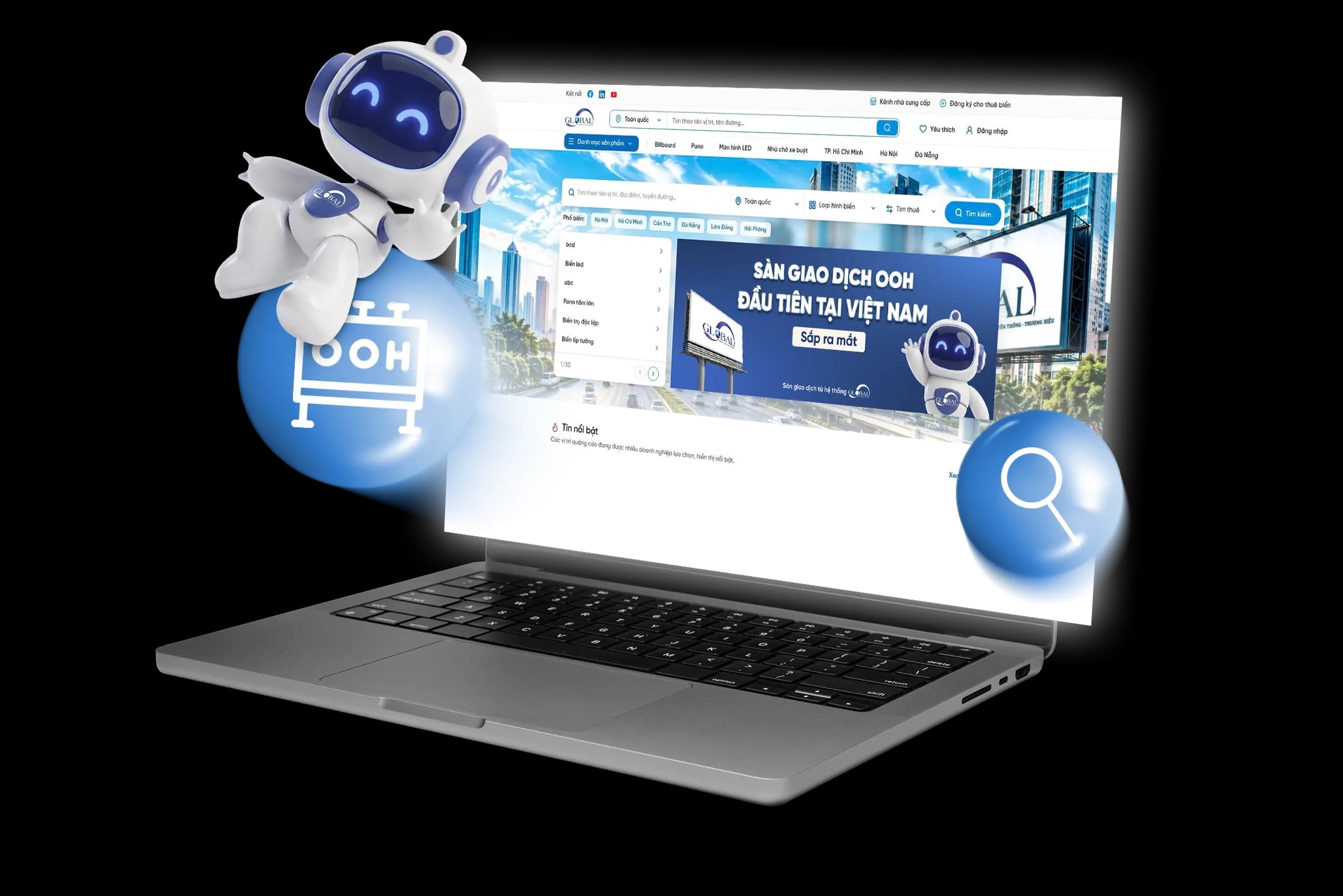 OOH billboard exchange on a laptop: find and rent billboards by province, type and price