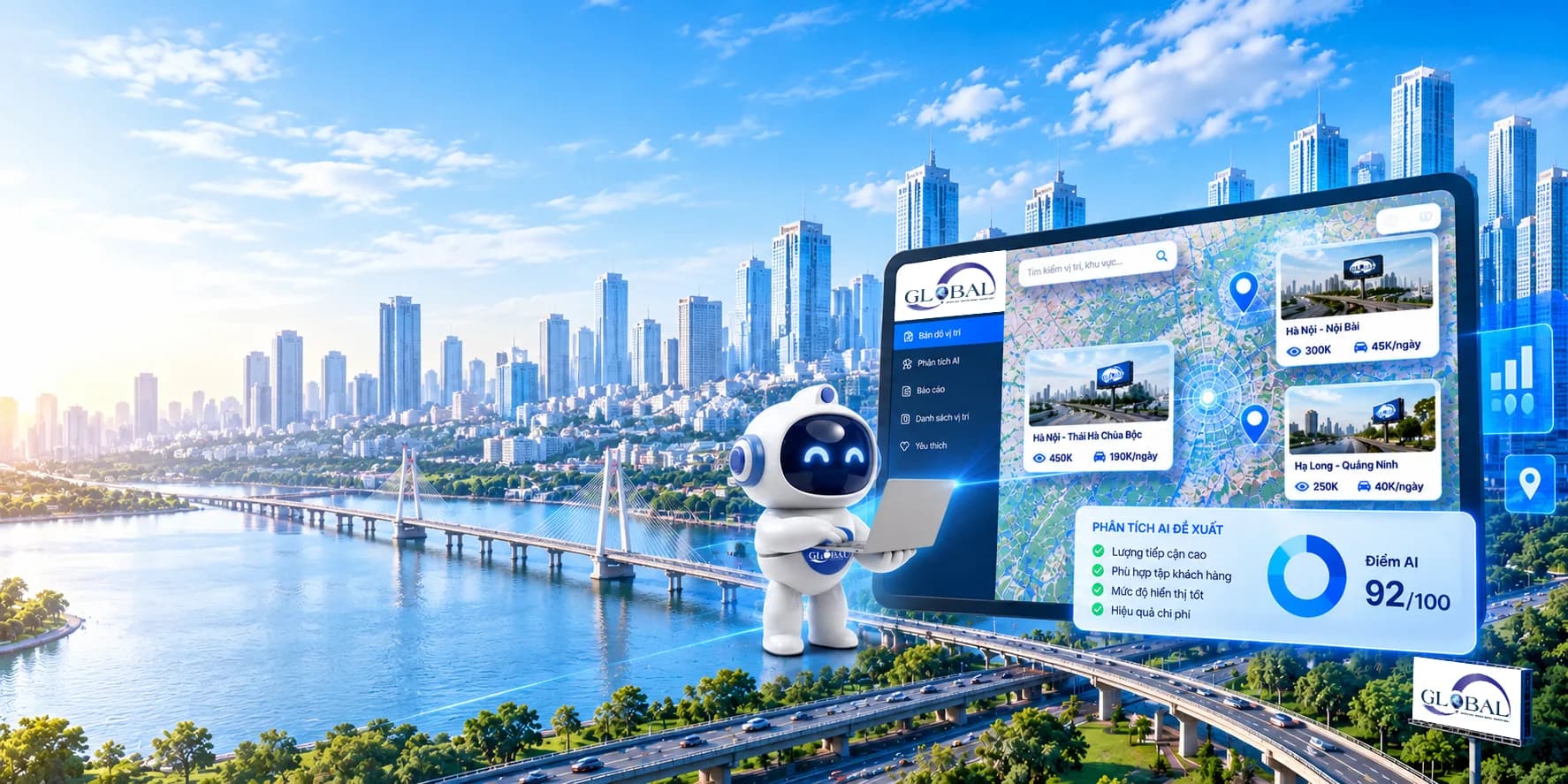 Robot AI cạnh giao diện phân tích: bản đồ vị trí, lượt tiếp cận từng biển và điểm AI 92/100