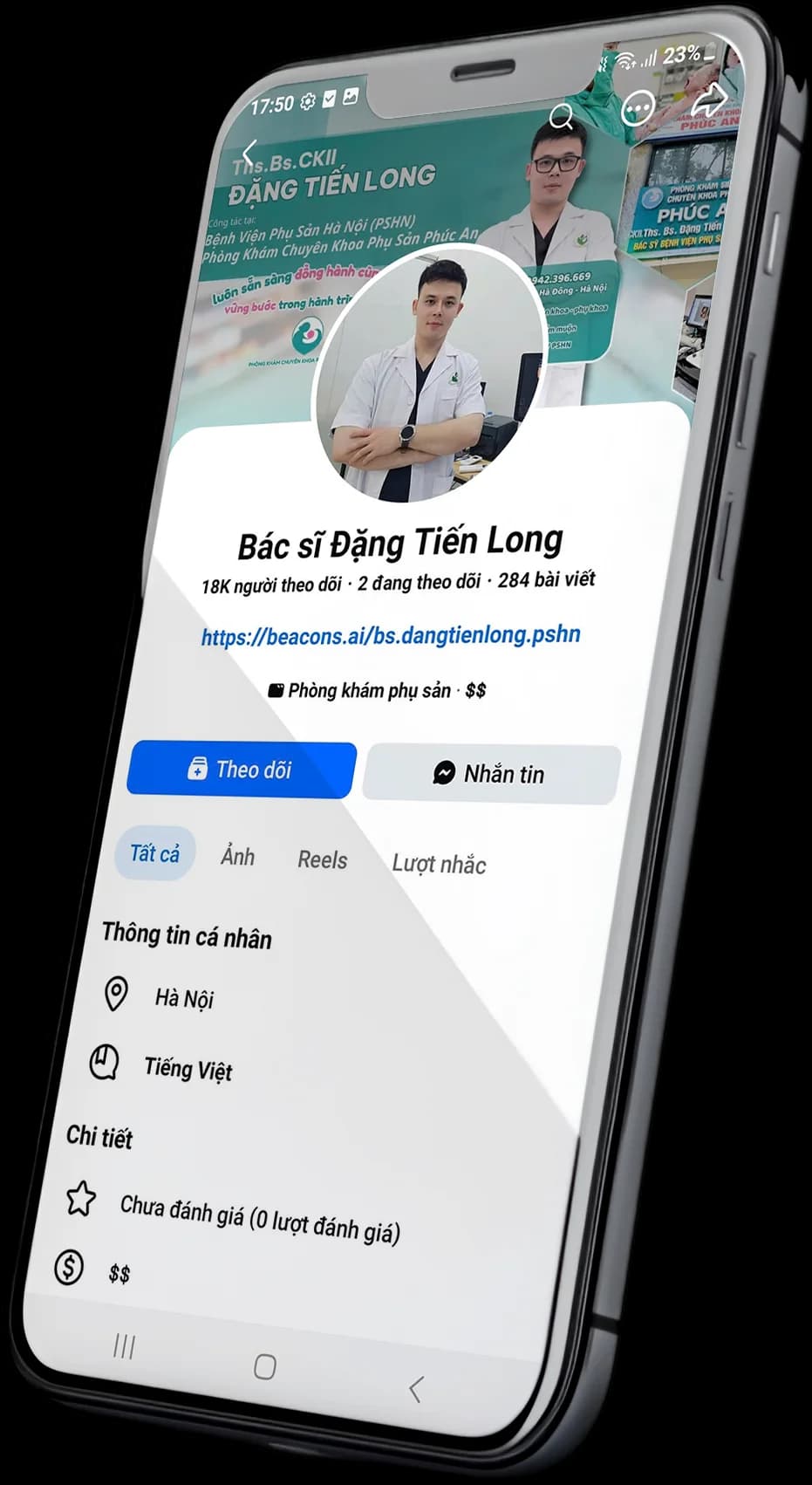 Fanpage Bác sĩ Đặng Tiến Long trên điện thoại